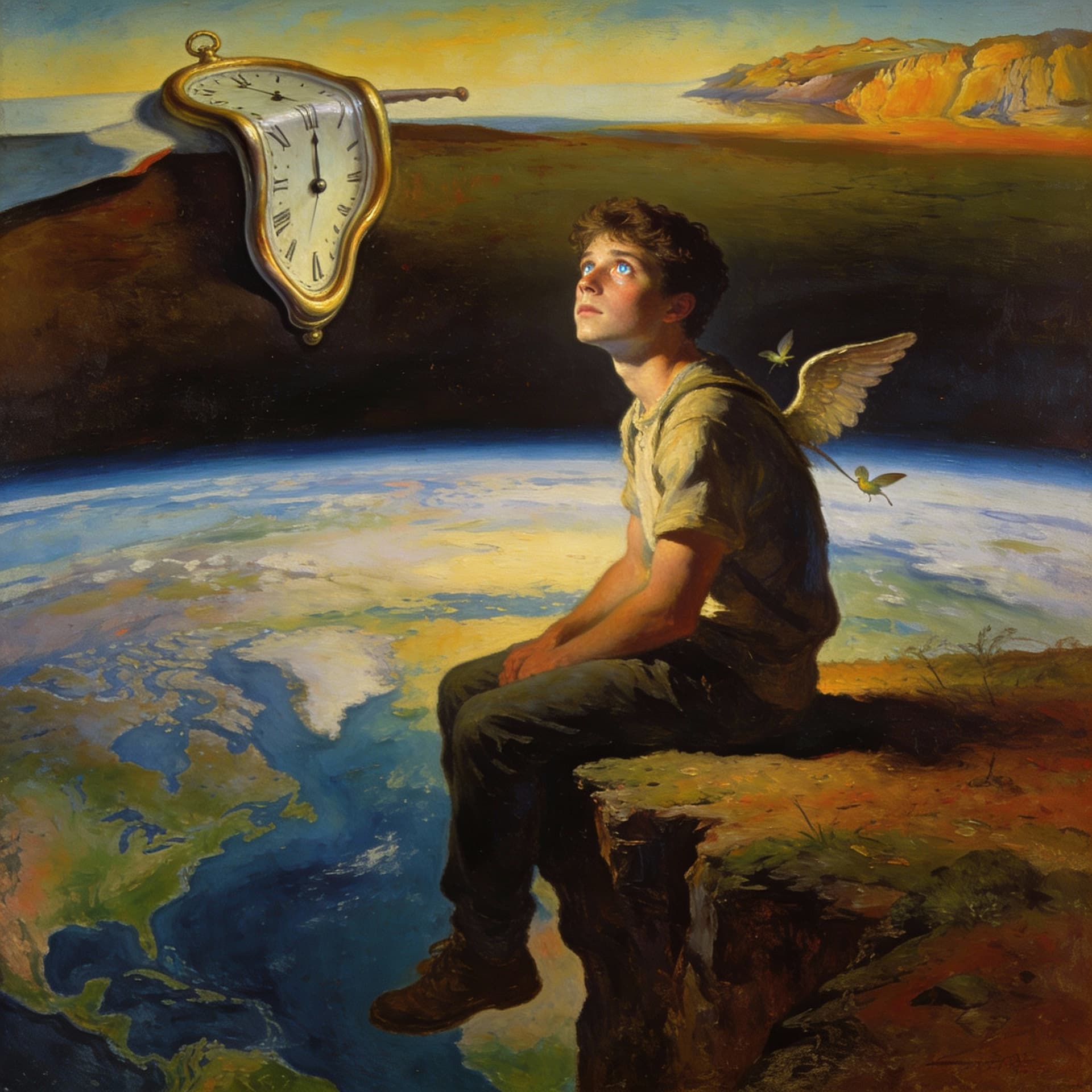 AI generated: portrait d’un jeune homme, assis sur le rebord du monde. On le sent rêveur, c'est évidemment un aven...