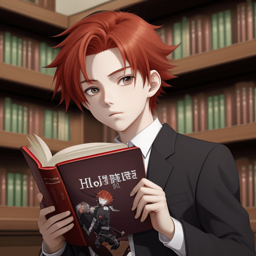 AI generated: manga, anime, boy with dark-red hair, book, library --w 1080 --h 1920