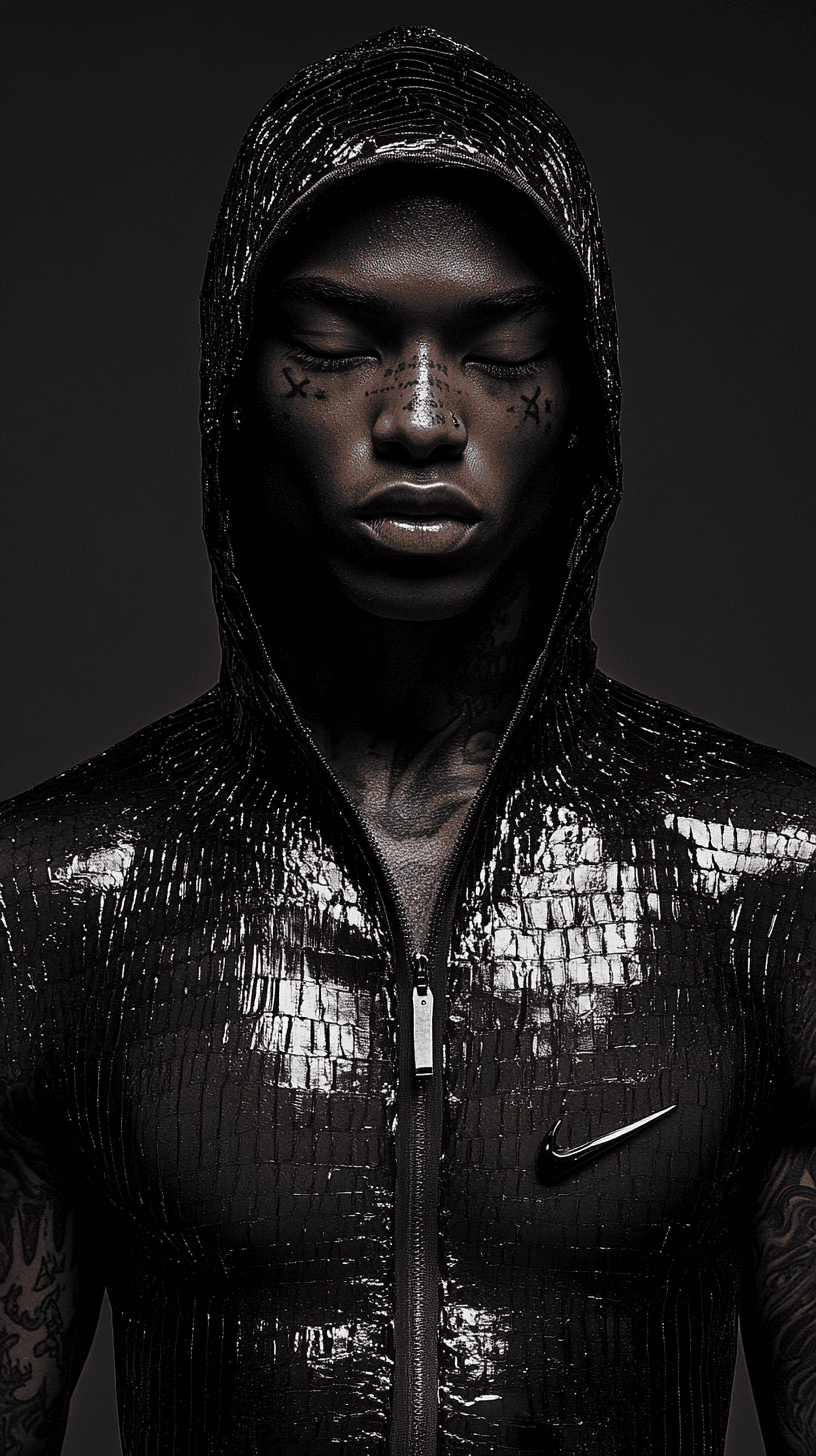 AI generated: Symetrical ultra Closeup of a dope faced tattoed model, dark mirror glazed Nike sport outfit, Minima...