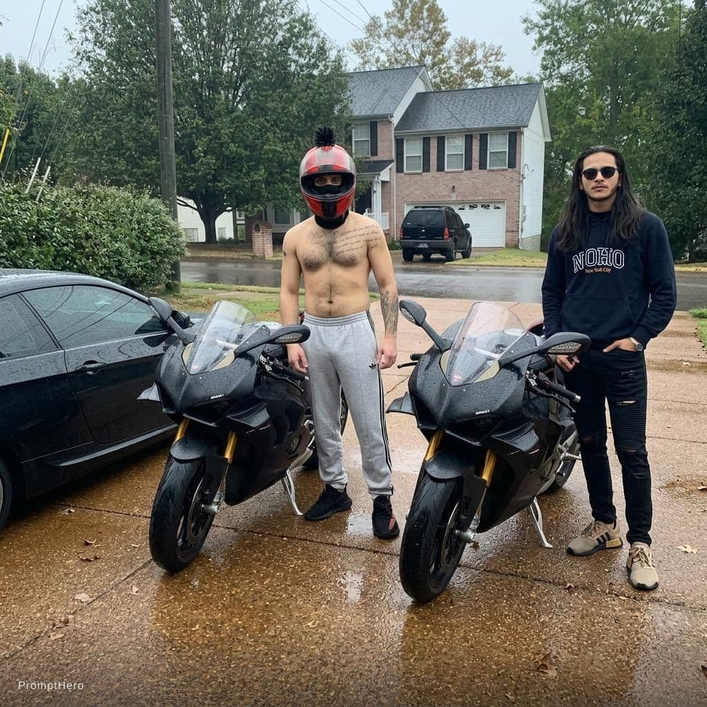 AI generated: Merge me and my friend in the uploaded place standing beside our black Ducati V4S bikes, exactly as ...