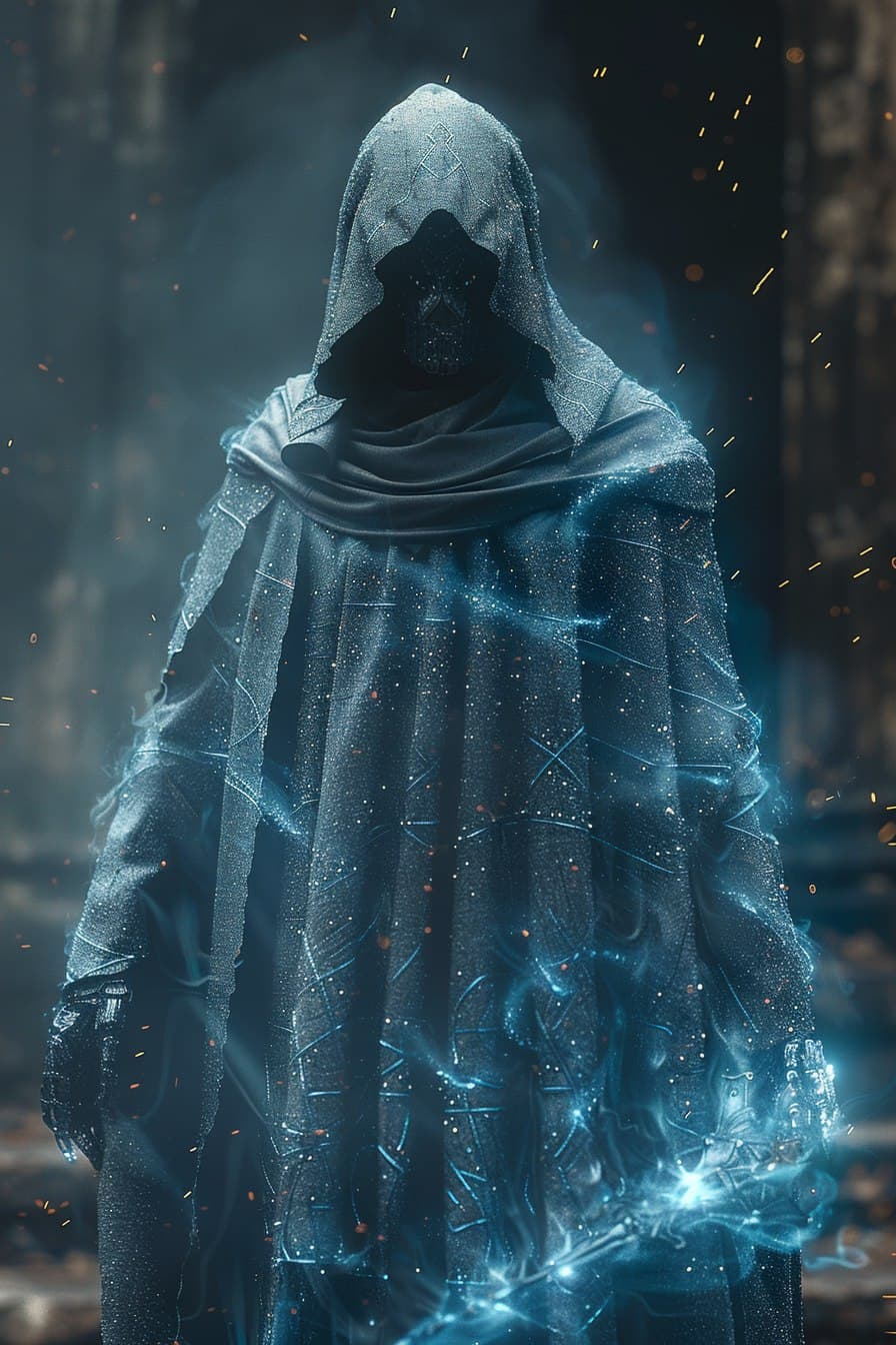AI generated: medieval knight cybernetic mage with cool robes and glowing weapon, sci-fi, photorealistic, cinemati...