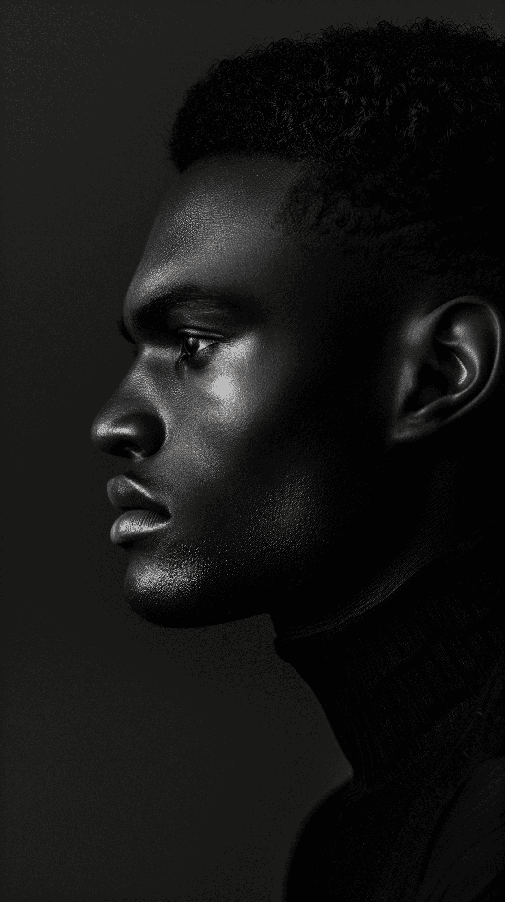 AI generated: photography, side view, imagine a portrait visual, contrast, profile of black man model, vibrant bla...