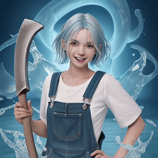 AI generated: a woman that is standing in the water, an axe elemental, blue overalls, cheerful colors, girl silver...