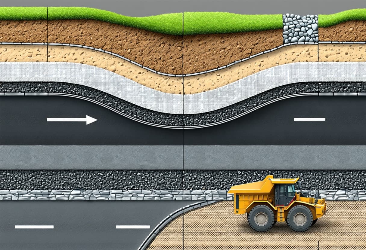 AI generated: Create a Photorealistic cross-section of a road under construction, highlighting polymeric geosynthe...
