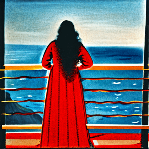 AI generated: Generate an image of a woman standing on a balcony with ornate wrought iron railing. In the backgrou...