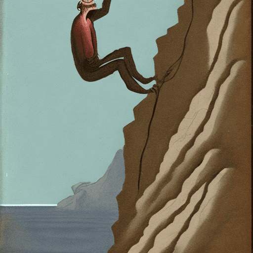 AI generated: a man hanging by a  thread on the edge of a cliff as a demon like figure looks at him laughing.