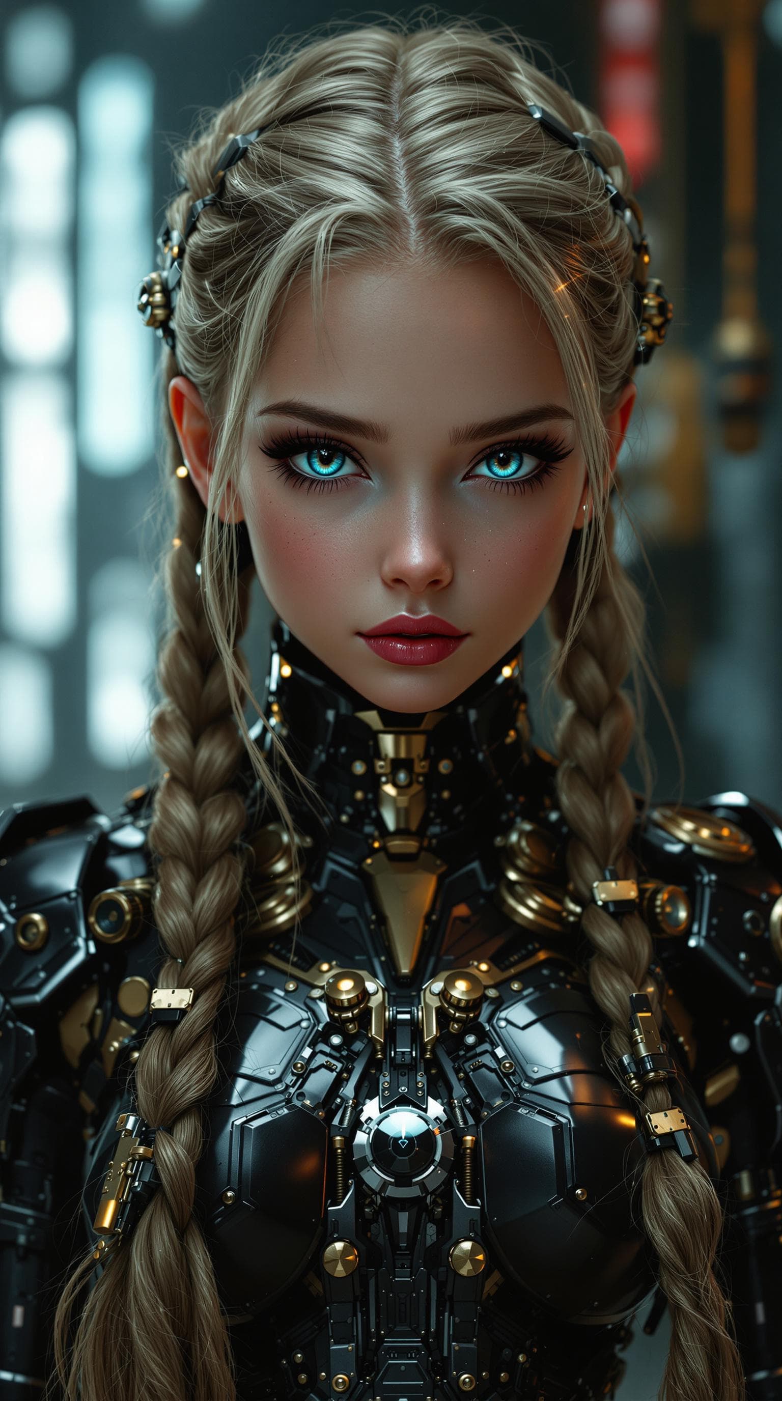 AI generated: djrny-v4 style, a professional photo realistic photo, of the most beautiful steampunk android police...