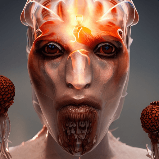 AI generated: keatos god of war goddess close-up portrait ribcagel. jellyfish phoenix head, nautilus, orchid, skul...