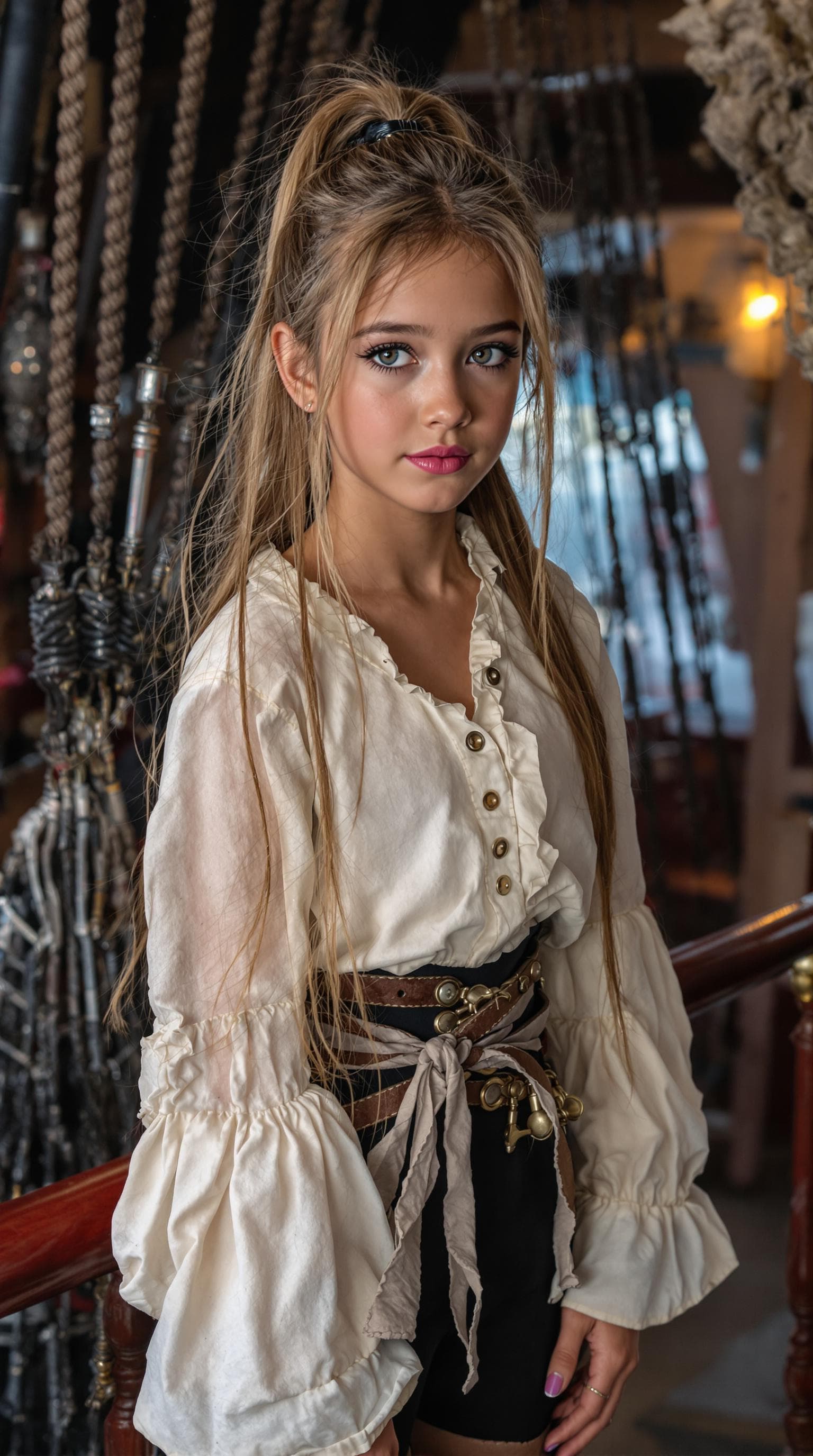 AI generated: a professional photo of a exceptionally beautiful girl aboard pirate ship at sea (age 7), (seven yea...