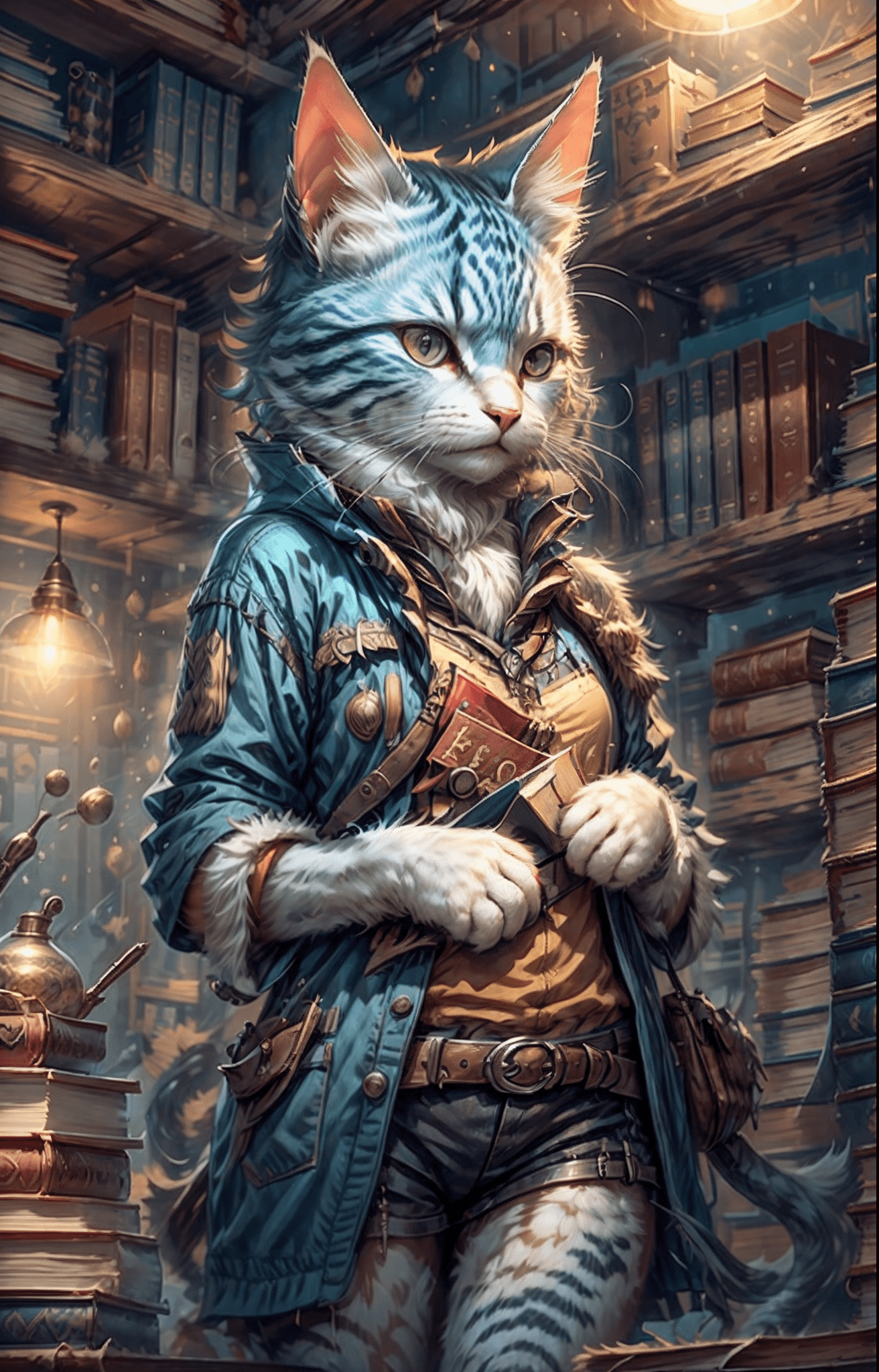 AI generated: a behind scene for cat pulling a book from a shelf in a library, geek, realistic,
