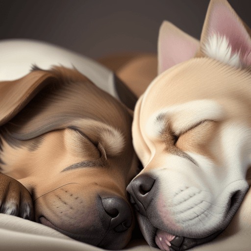 AI generated: Two dogs sleeping together, a closeup of their faces and ears, soft fur, warm tones, a moment betwee...