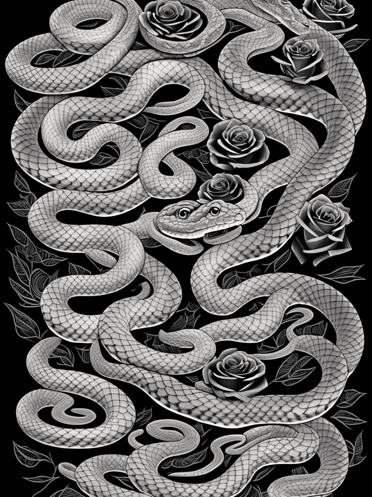 AI generated: snakes, tattoo sketch, smooth transitions, black patterns, more details, more flowers, pions, roses,...