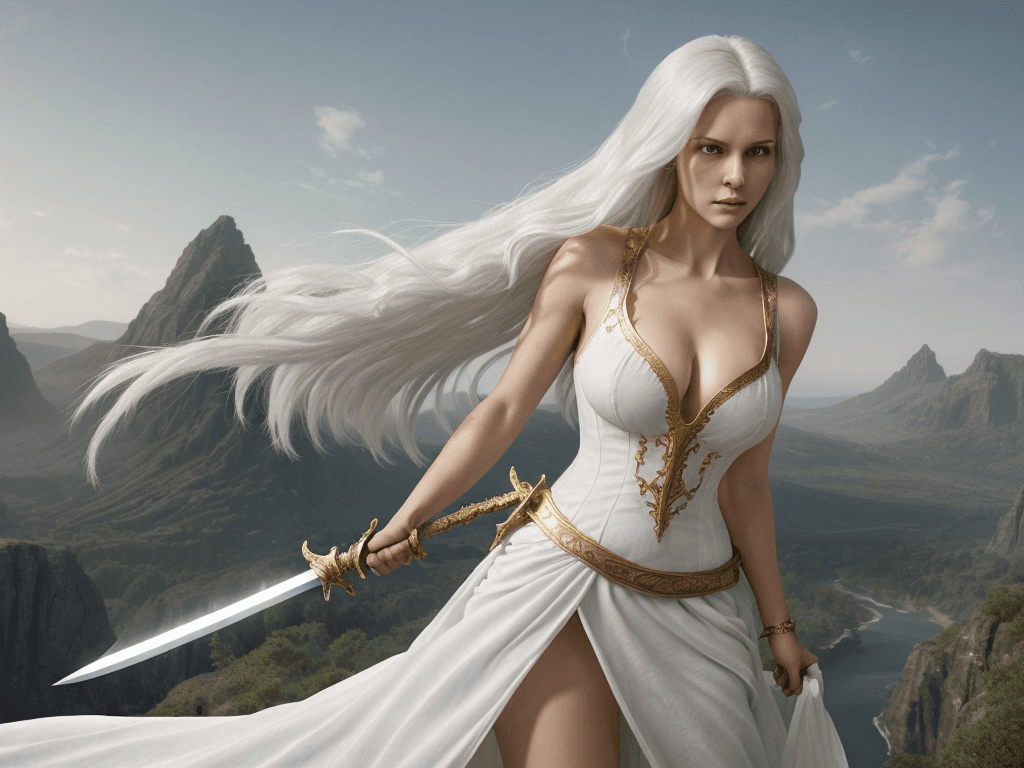 AI generated: a woman in a white dress holding a sword, with a fantasy landscape in the background. The woman has ...