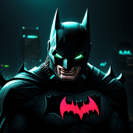 AI generated: Combine Predator Head with Batman Body, Dark City with Smile in The Air, neon Lights in The backgrou...