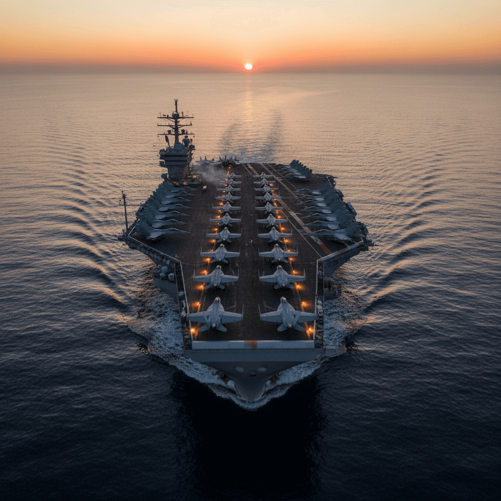 AI generated: "An aircraft carrier at sea — aerial shot, jets lined up on glowing deck at dawn"