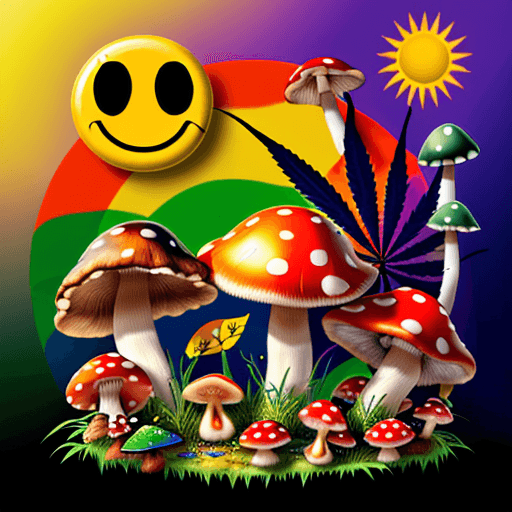 AI generated: colorful mushrooms, marijuana leafs, trees, smiley face sun, clear sky, colorful birds, colorful, hi...