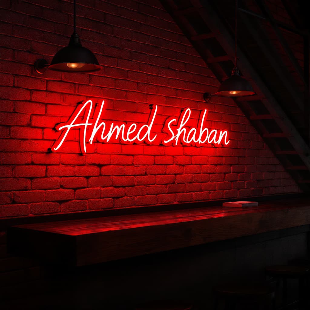 AI generated: hyper realistic red led tube writing desktop sign on top of a industrial look bar  with brick tiles ...