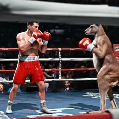 AI generated video: A hyperrealistic video of a dramatic boxing match between a human male and a kangaroo, both wearing ...