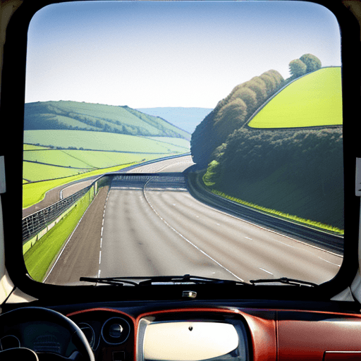 AI generated: empty motorway as seen from the drivers seat. Bright sunny day in the countryside.
