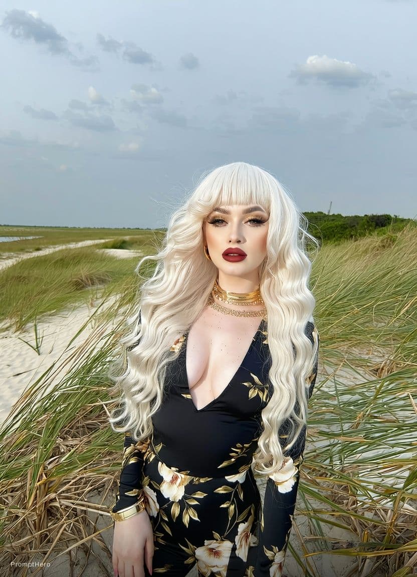 AI generated: Uploaded image with platinum blonde hair in loose beach waves, wearing elegant black French lace lin...