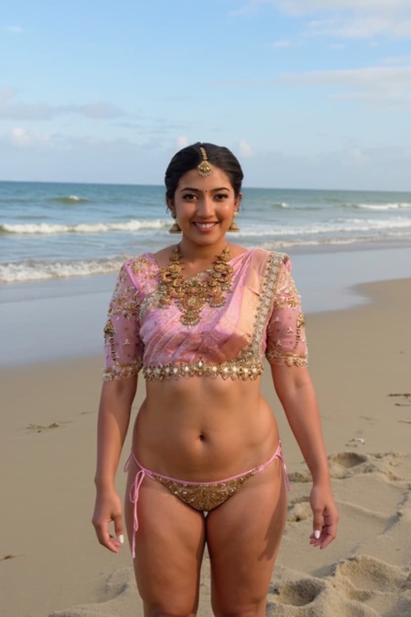 AI generated: Bikini, beach, wet body, serene ,keep facial features ,