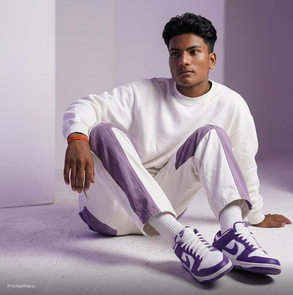 AI generated: Oversized white sweatshirt, white purple oversized combat jean, styled with footwear: white purple n...