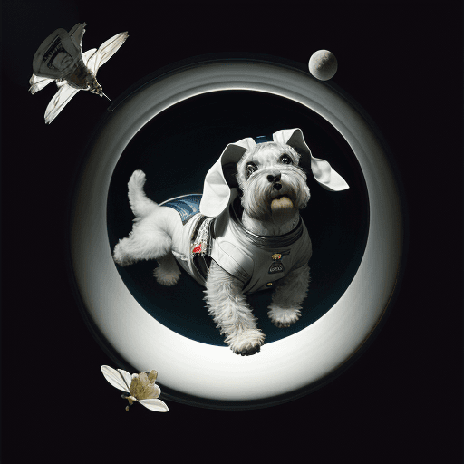 AI generated: Schnauzer dog dressed as an astronaut floating in space, elegant botany, dynamic movement, raphael, ...