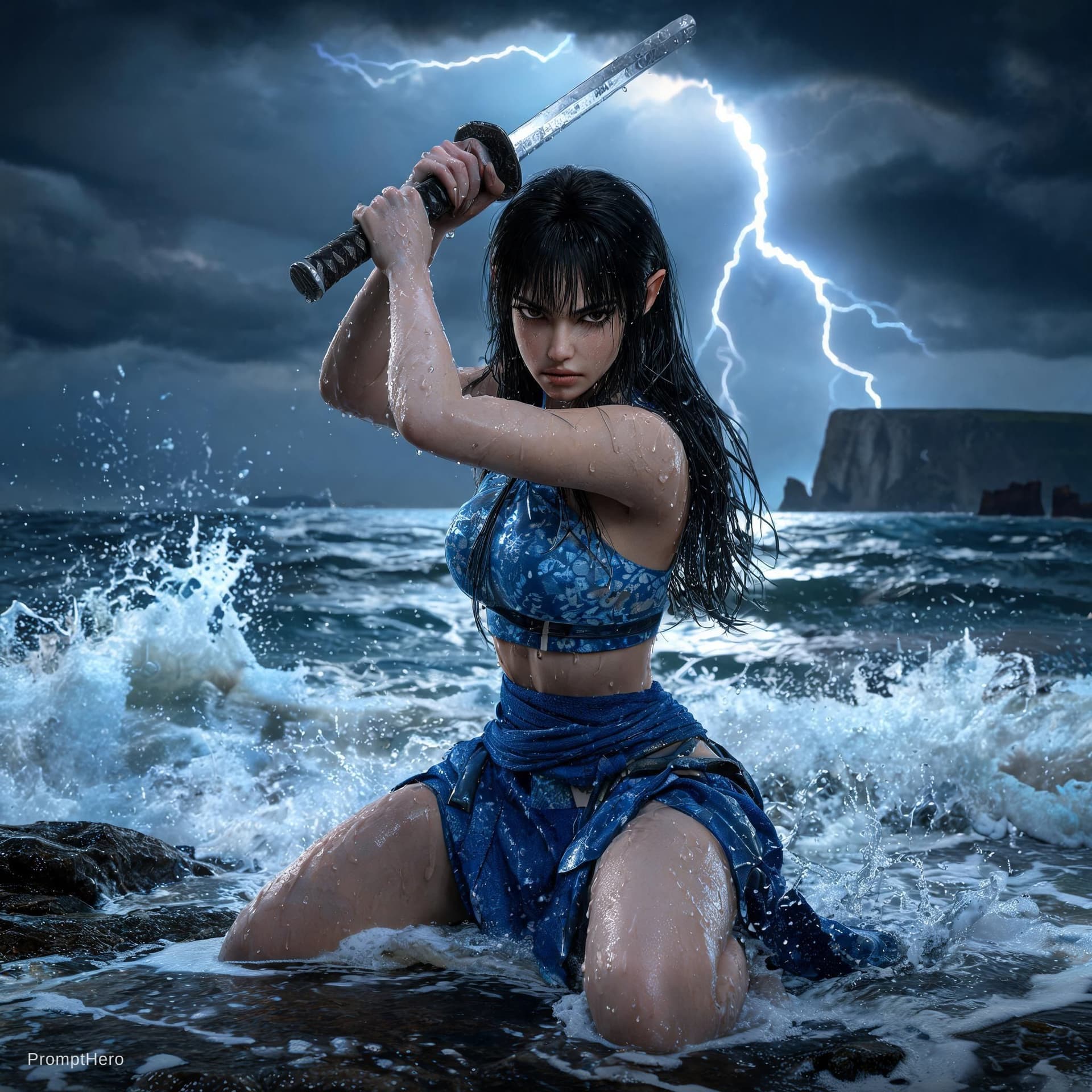 AI generated: Maya, beautiful black-haired female warrior with straight bangs, premium seamless collectible doll a...