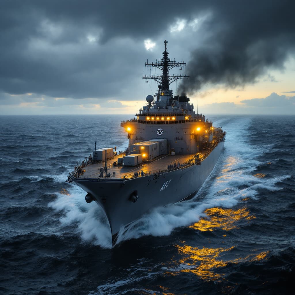 AI generated: professional photo of the USS Camden (AOE-2), refueling ship on the high seas, during ruff weather, ...