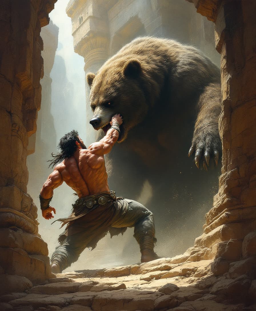 AI generated: An epic Frank Frazetta painting showing the torso and head of a muscular man battling a giant bear i...