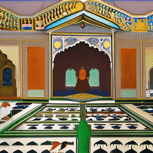 AI generated: create a depiction of modern day corporate hierarchical courtyard in the format of a padhshanama cou...
