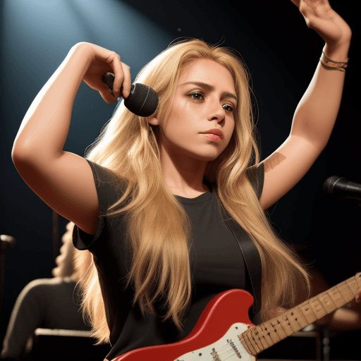 AI generated: mujer rubia de pelo largo en un concierto de musica con los brazos levantados