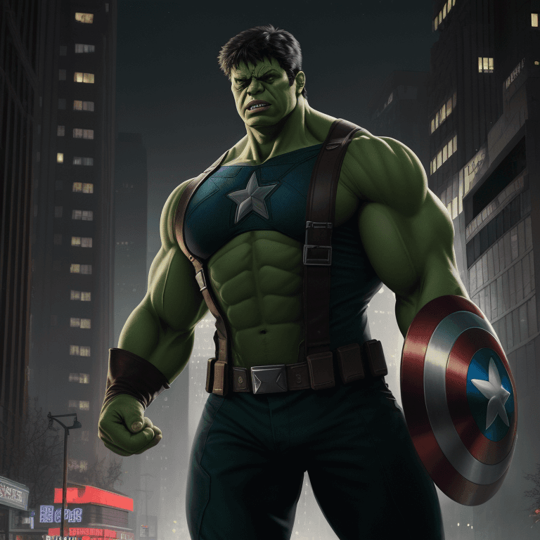 AI generated: hulk with captain america costume, reddish eyes, urban avenue, modernist buildings from the year 190...