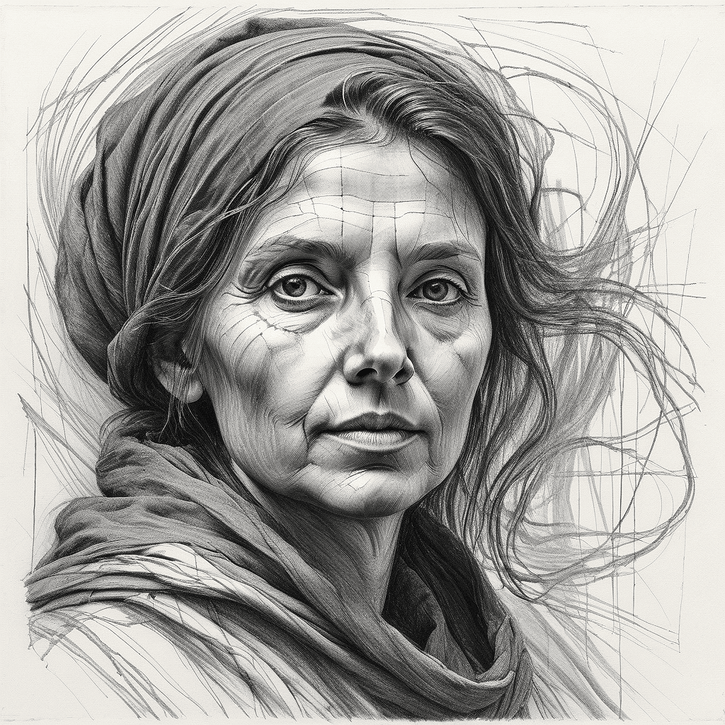 AI generated: A detailed pencil drawing of a middle-aged woman's portrait. Her face should show signs of maturity ...