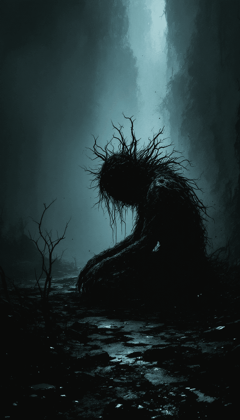 AI generated: alone in the darkness, broken, kneeling and looking down, full body, no face, (psychopathic:0.8) , b...