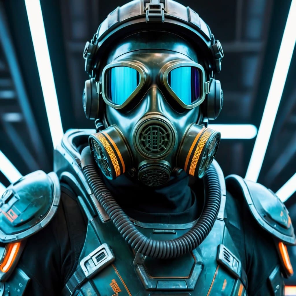 AI generated: epic realistic, ultra-detailed cyborg in a space station, gas mask-like armor design, dark army patt...