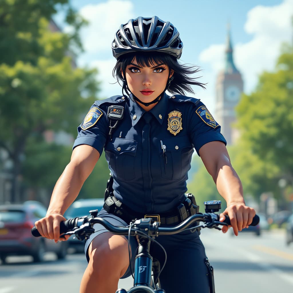 AI generated:  precure, policewoman, black hair, (crew cut:1.3), stern eyes, police officer uniform, bike helmet, ...