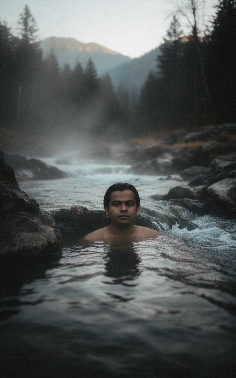 AI generated: hot spring in  a wild river flow, steam rises from the water, A handsome, stylish young man with. He...