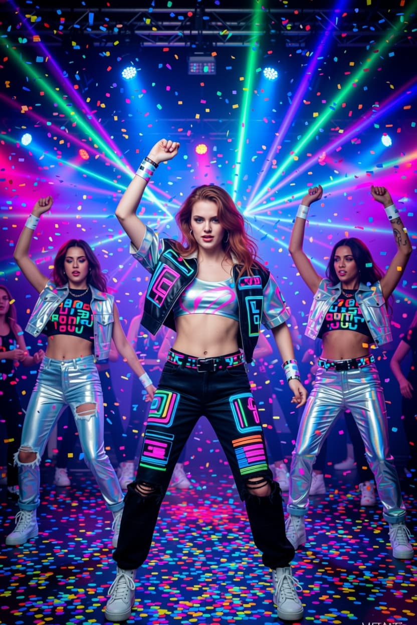 AI generated: loveparade 1995, erotic young girls are dancing,dynamic lights,techno,rave outfit,90th outfit in ber...