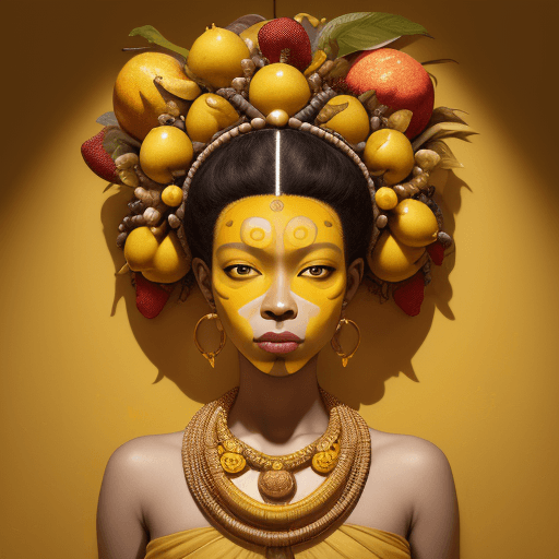 AI generated: a mural of woman on a yellow wall with fruit on her head, in the style of ingrid baars, 32k uhd, ben...
