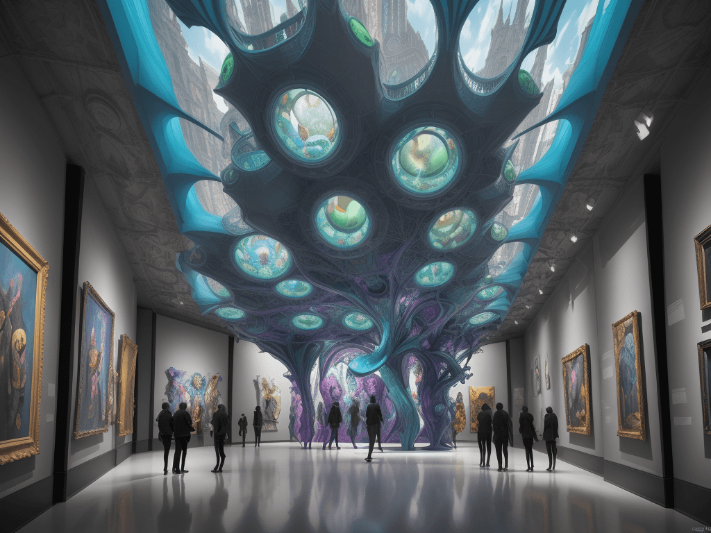 AI generated: Envision a randomized perspective within a vibrant, futuristic museum displaying an array of odd, pe...