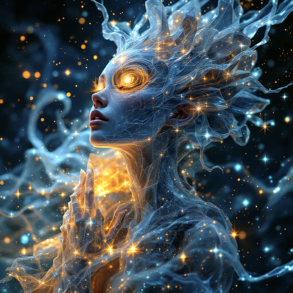 AI generated: A celestial being made of shimmering, semi-transparent crystal layers, continuously shifting and pul...