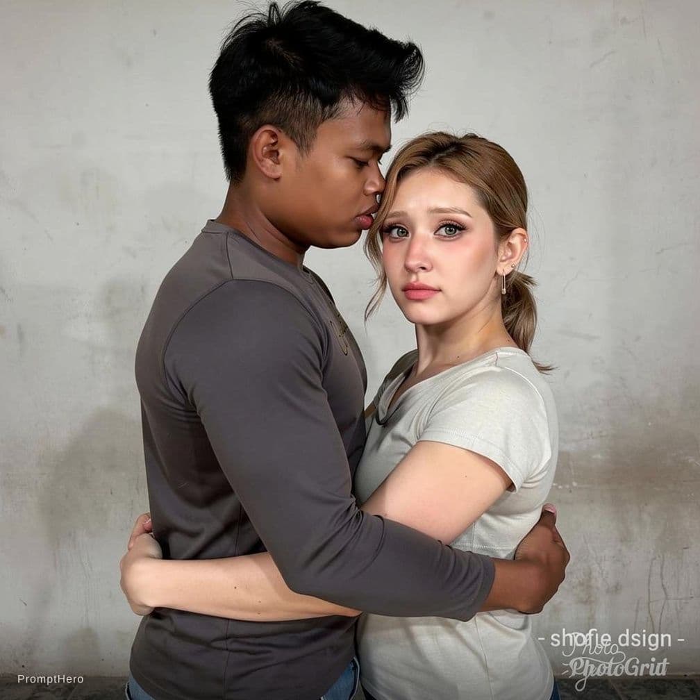 AI generated: Combine the two provided images into one single image where the man and the woman are hugging each o...