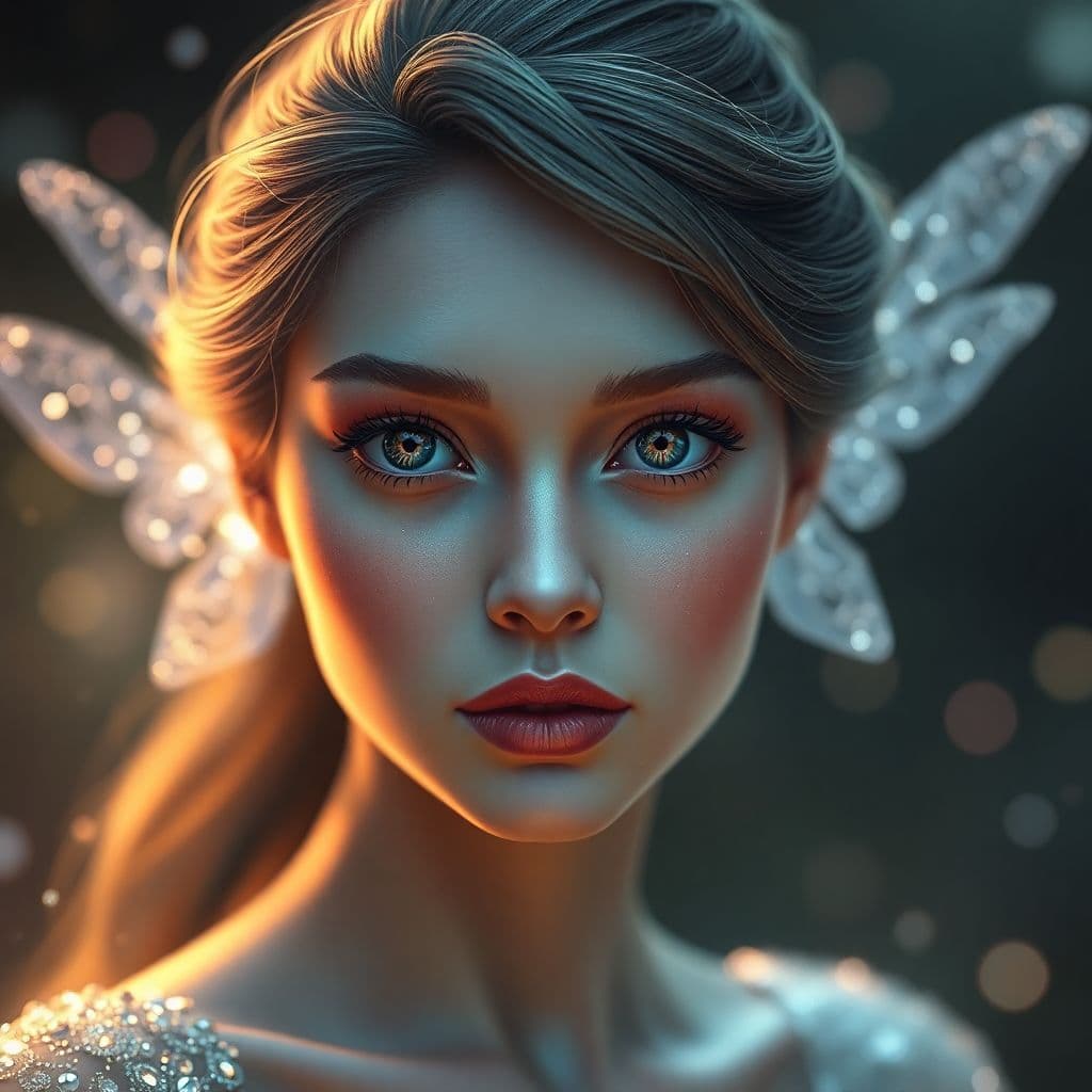 AI generated: Full body, Small highly detailed incorporeal fairy made of silvery light, Bokeh pollen specs multico...