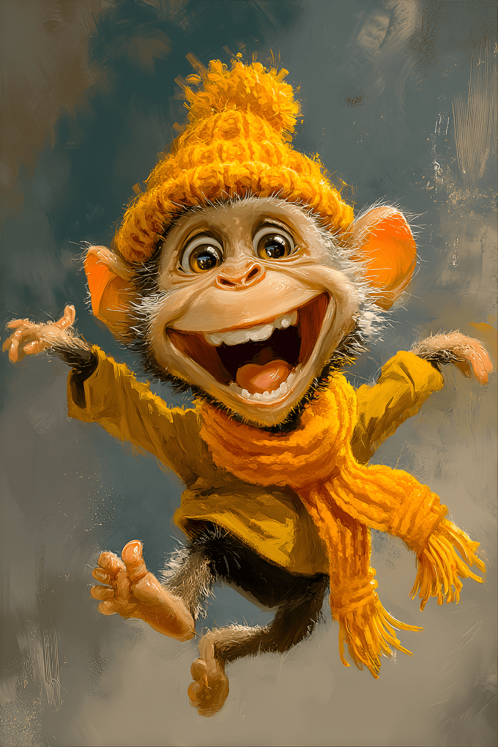 AI generated: funny caricature, cheerful monkey caricature, juvenile simian, 5 years old, bright eyes, wide smile,...
