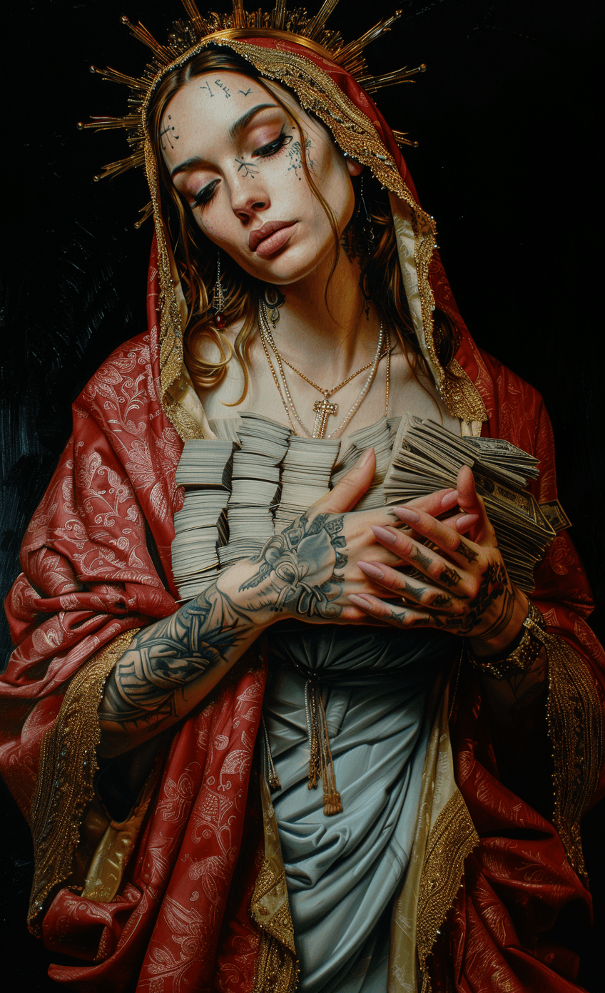 AI generated: oil painting of the mother mary with tattoos holding stacks of money, hyper realistic --s 250 --v 6....