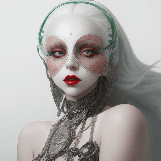 AI generated: A woman like Lady Gaga, wears a white mask like chains and silver jewelry, with porcelain skin, gree...