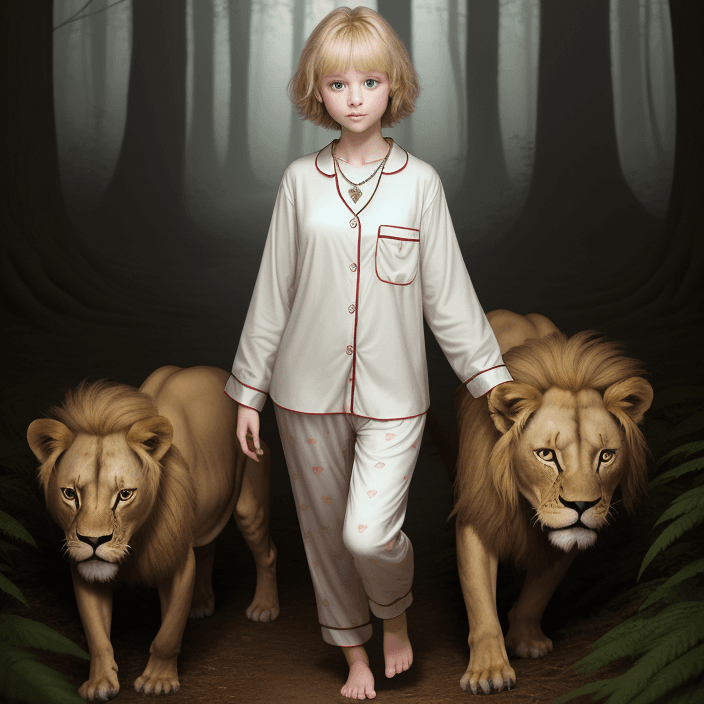 AI generated: Sarah Miller, super cute 12 years old girl, short hairs, blonde hairs, necklace, wearing pajamas, lo...