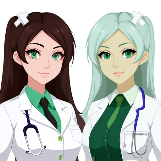 AI generated: ULTRA cute medical women, 2D, GREEN EYES, white background outline V5