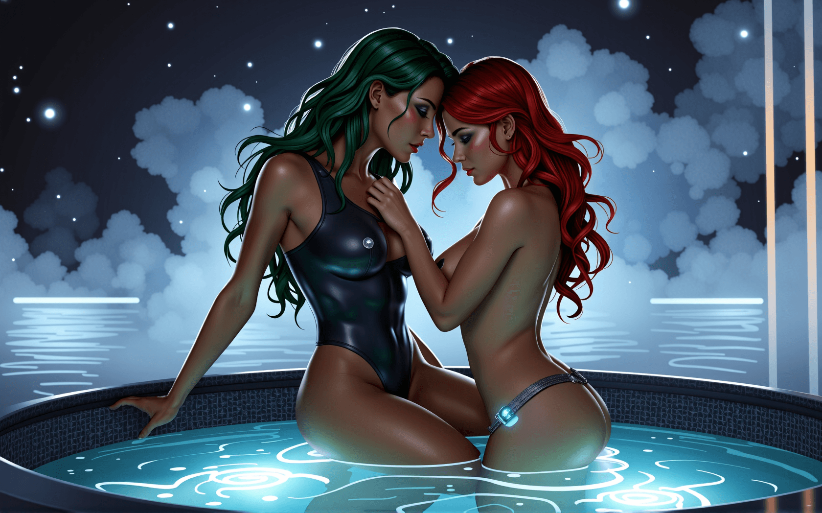 AI generated: Under the starlit night sky, steam rose from a glowing hot tub, casting an ethereal haze over the sc...
